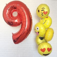 Композиция из фольгированных шаров с гелием  День рождения  + фонтан смайлов эмоджи