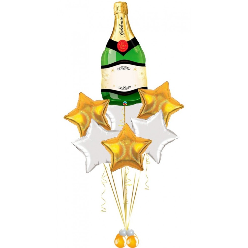 Фигура шампанское и звездный фонтан - композиция из шаров с гелием Фигура шампанское и звездный фонтан - композиция из шаров с гелием
