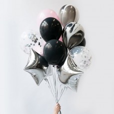 Композиция из воздушных  шаров с гелием звезды и конфетти с мраморными шарами