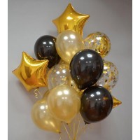 Композиция из гелиевых шаров - Фонтан чёрное золото со звёздами