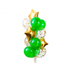 Композиция из гелиевых шаров фонтан с золотыми звездами и зелеными шарами