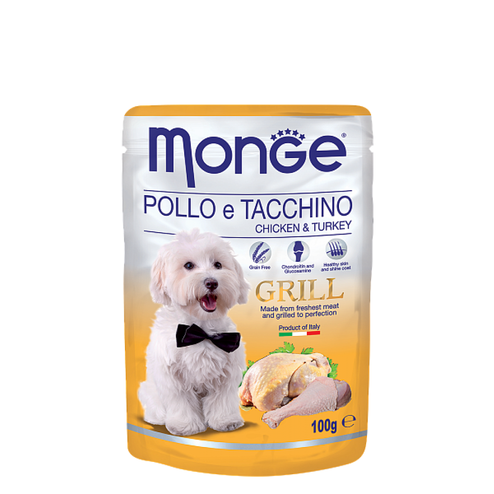 MONGE GRILL POUCH CHIK/TURKEY - Влажный корм (пауч) для собак с кусочками курицы и индейки (100 г) MONGE GRILL POUCH CHIK/TURKEY - Влажный корм (пауч) для собак с кусочками курицы и индейки (100 г)